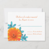オレンジ及びティール（緑がかった色）の夏の花の応答/RSVPカード 出欠カード (正面)