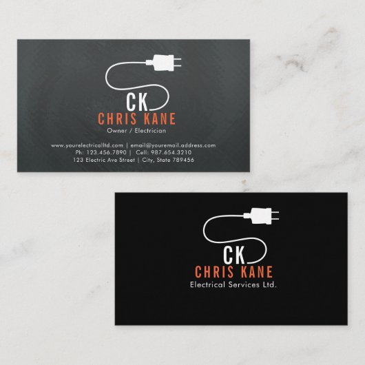オレンジ及び白い電気技師のロゴのデザイン 名刺 (正面/裏面)
