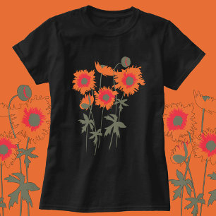 オレンジ及び緑様式化された写実的でみすぼらしいケシ Tシャツ