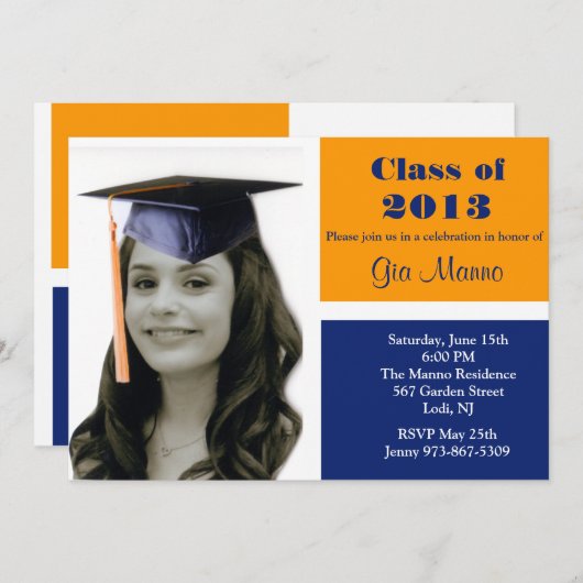 オレンジ及び青の写真の卒業の招待状 招待状 (正面/裏面)