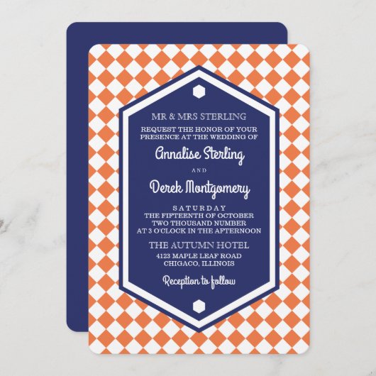 オレンジ及び青|のチェック模様の結婚式招待状 招待状 (正面/裏面)