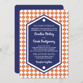 オレンジ及び青|のチェック模様の結婚式招待状 招待状
