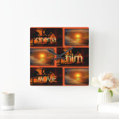 オレンジ及び黒い映画館のフィルム映画コラージュ スクエア壁時計 (ホーム)