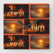 オレンジ及び黒い映画館のフィルム映画コラージュ スクエア壁時計 (正面)