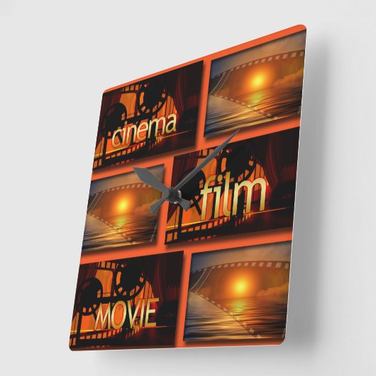 オレンジ及び黒い映画館のフィルム映画コラージュ スクエア壁時計 (傾斜)