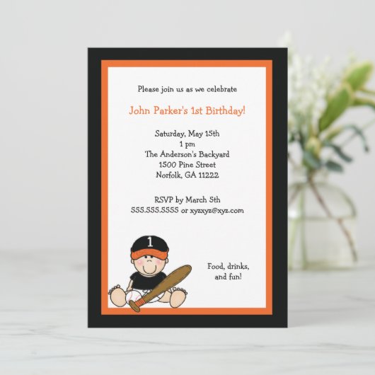 オレンジ及び黒い野球の第1誕生会の招待 招待状 (スタンド正面)