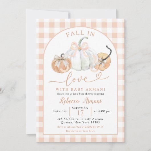 オレンジ名門私立校風のカボチャ秋インラブベビーシャワー 招待状 (正面)