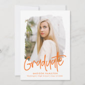 オレンジ名門私立校風の色のスクリプト写真の卒業 案内状 (正面)