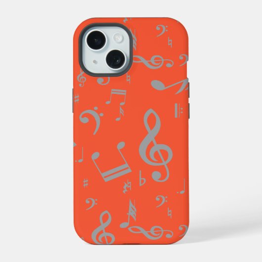 オレンジ地にグレーの音符 iPhone 15ケース (裏面)