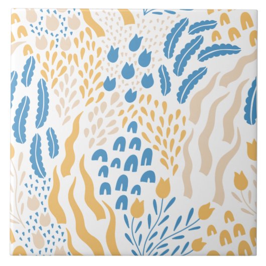 オレンジ地中海のブルーピンクの花柄かわいい タイル (正面)