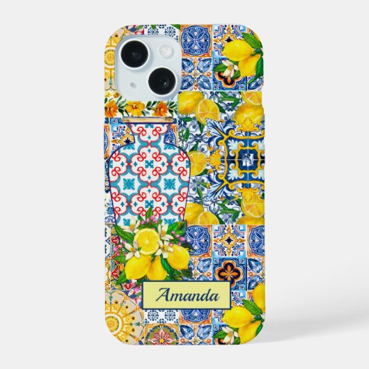 オレンジ地中海風セラミックタイル花瓶 iPhone 15ケース (裏面)