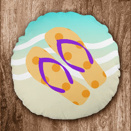 オレンジ夏のビーチ波のビーチサンダル装飾 ラウンドクッション