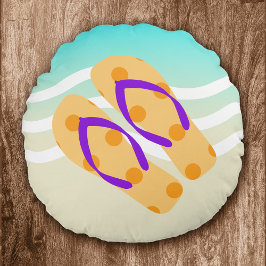 オレンジ夏のビーチ波のビーチサンダル装飾 ラウンドクッション