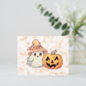 オレンジ大理石のハロウィンのかわいい幽霊の魔女の帽子 シーズンポストカード (スタンド正面)