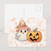 オレンジ大理石のハロウィンのかわいい幽霊の魔女の帽子 シーズンポストカード (正面/裏面)