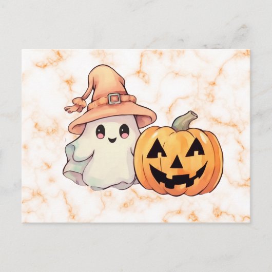 オレンジ大理石のハロウィンのかわいい幽霊の魔女の帽子 シーズンポストカード (正面)