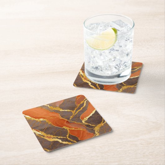 オレンジ大理石模様にゴールド スクエアペーパーコースター (インサイチュ)