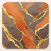 オレンジ大理石模様にゴールド スクエアペーパーコースター (正面)