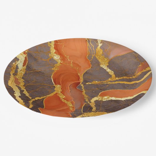 オレンジ大理石模様にゴールド ペーパープレート (アングル)