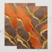 オレンジ大理石模様にゴールド 招待状 (正面/裏面)