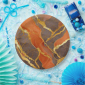 オレンジ大理石模様に金 ペーパープレート (パーティー)