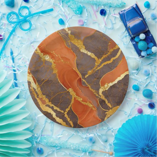 オレンジ大理石模様に金 ペーパープレート (パーティー)
