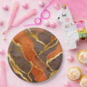 オレンジ大理石模様に金 ペーパープレート (パーティー)