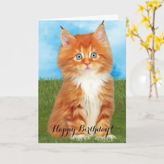 オレンジ子ネコの青い目のバースデー・カード カード (黄色い花)