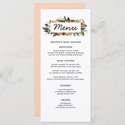 オレンジ小さなかわいこちゃんが途中の赤ちゃんシャワー メニュー (正面/裏面)