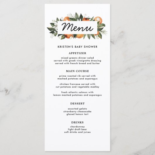 オレンジ小さなかわいこちゃんが途中の赤ちゃんシャワー メニュー (正面)