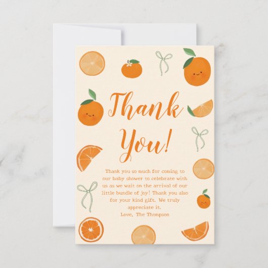 オレンジ小さなかわいこちゃん柑橘系ベビーシャワー サンキューカード (正面)