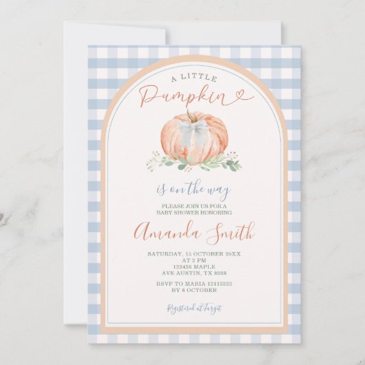 オレンジ小さなカボチャ青いギンガムベビーシャワー 招待状 (正面)