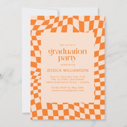 オレンジ市松模様に抽象芸術写真卒業パーティー 招待状 (正面)