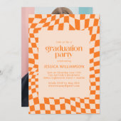 オレンジ市松模様に抽象芸術写真卒業パーティー 招待状 (正面/裏面)