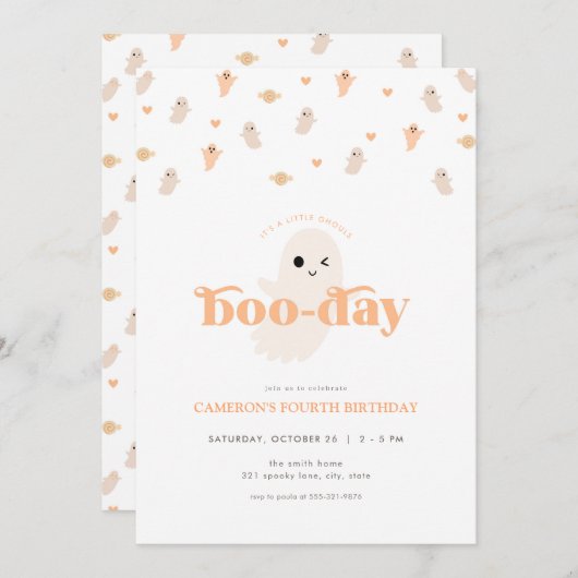 オレンジ幽霊ハロウィーン誕生日招待状 招待状 (正面/裏面)