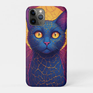 オレンジ幾何学光輪の青猫肖像画 iPhone 11 PROケース