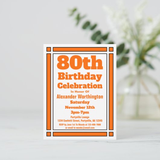 オレンジ幾何学模様80番目の誕生日招待状はがき インビテーションポストカード (スタンド正面)