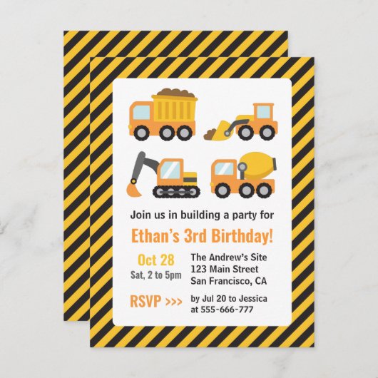 オレンジ建築車輌子供の誕生日パーティー 招待状 (正面/裏面)