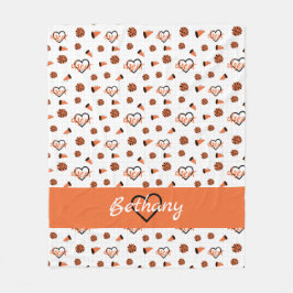 オレンジ応援ハート、ポンポン、メガフォンパターン フリースブランケット