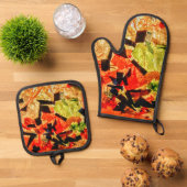 オレンジ抽象芸術オーブンのミットとポットホルダー 鍋つかみ&鍋敷きセット (トップダウン)