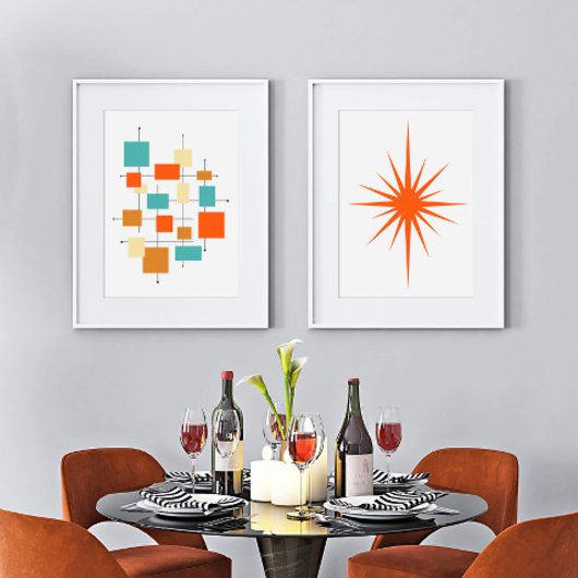 オレンジ抽象芸術スクエアとスターバストミッドセンチュリー