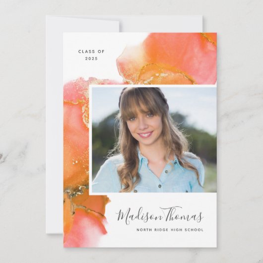 オレンジ抽象芸術水彩写真卒業パーティー 招待状 (正面)