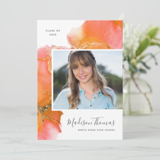 オレンジ抽象芸術水彩写真卒業パーティー 招待状 (スタンド正面)