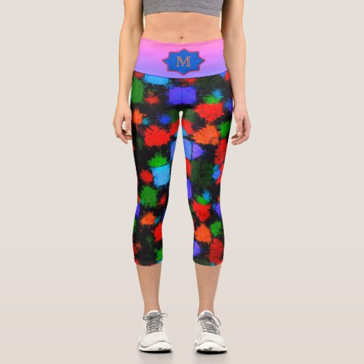 オレンジ数々の色の青い抽象芸術模様 カプリレギンス (正面)