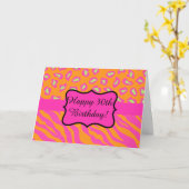 オレンジ明るい赤紫色ピンクゼブラヒョウ30歳 カード (黄色い花)