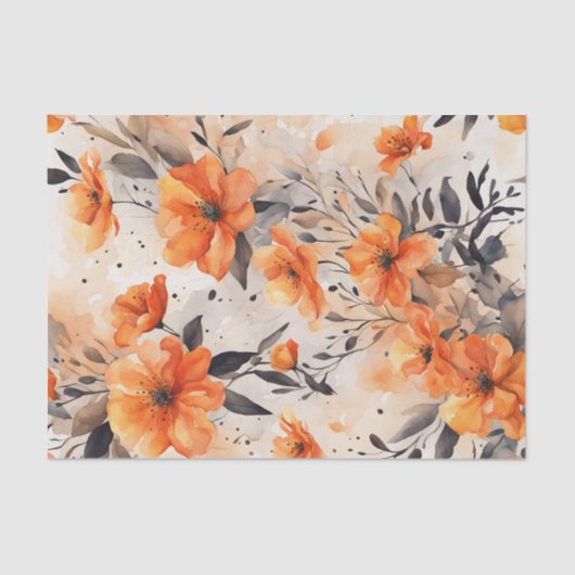 オレンジ春花模様1デコページ紙 薄葉紙 (正面)