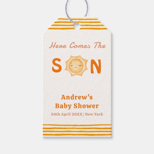 オレンジ来色かわいい息子の赤ちゃんシャワー ギフトタグ (正面)
