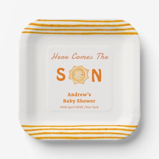 オレンジ来色かわいい息子の赤ちゃんシャワー ペーパープレート (正面)