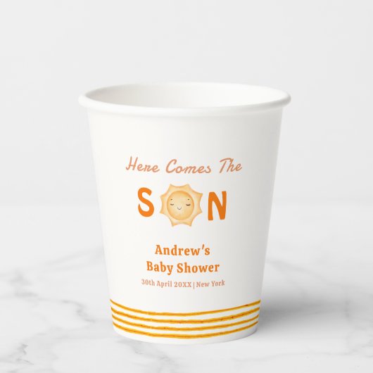 オレンジ来色かわいい息子の赤ちゃんシャワー 紙コップ (正面)