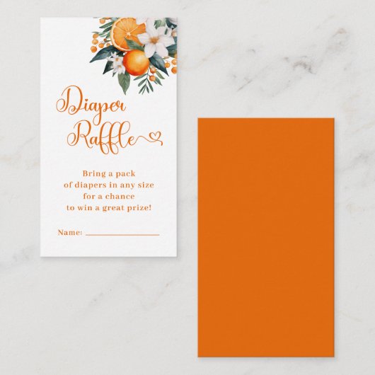 オレンジ柑橘系おむつラッフルガールベビーシャワー エンクロージャーカード (正面/裏面)